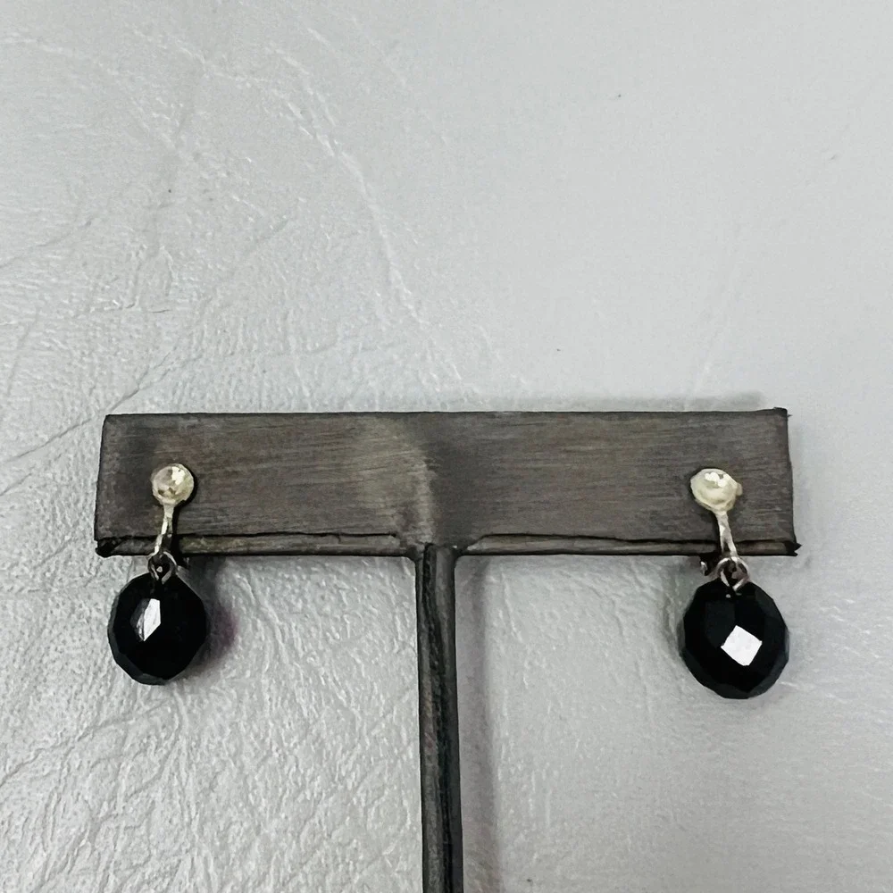 Black Faceted Bead Clip-On Earrings‎ Silver Tone Dangle Minimalist